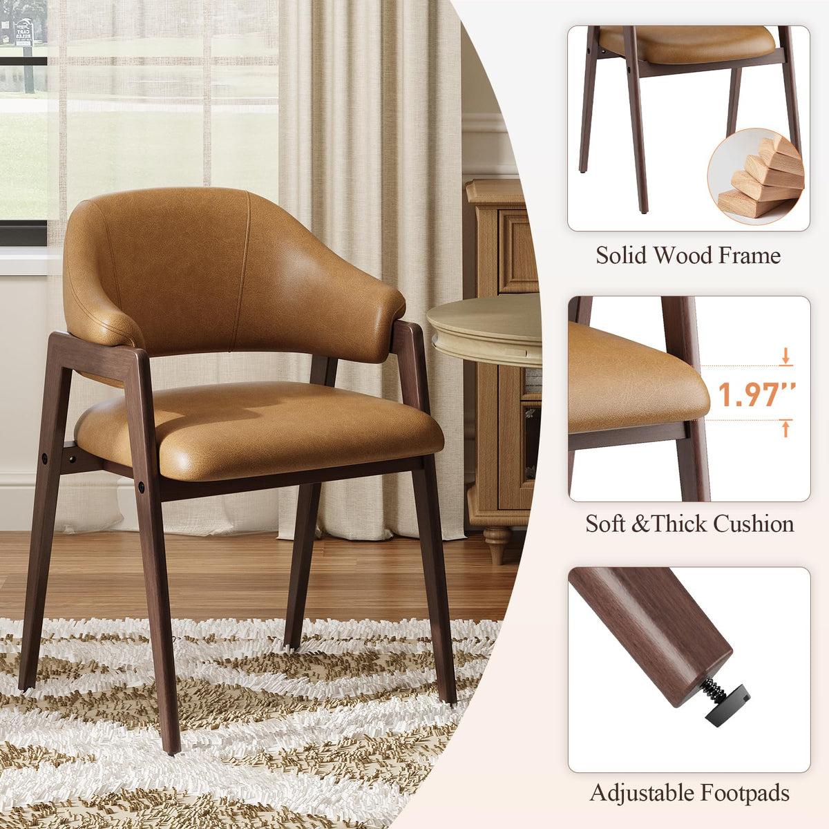 Wooden Dining Chairs Set of 4, Faux Leather, Curved Open Back, Brown