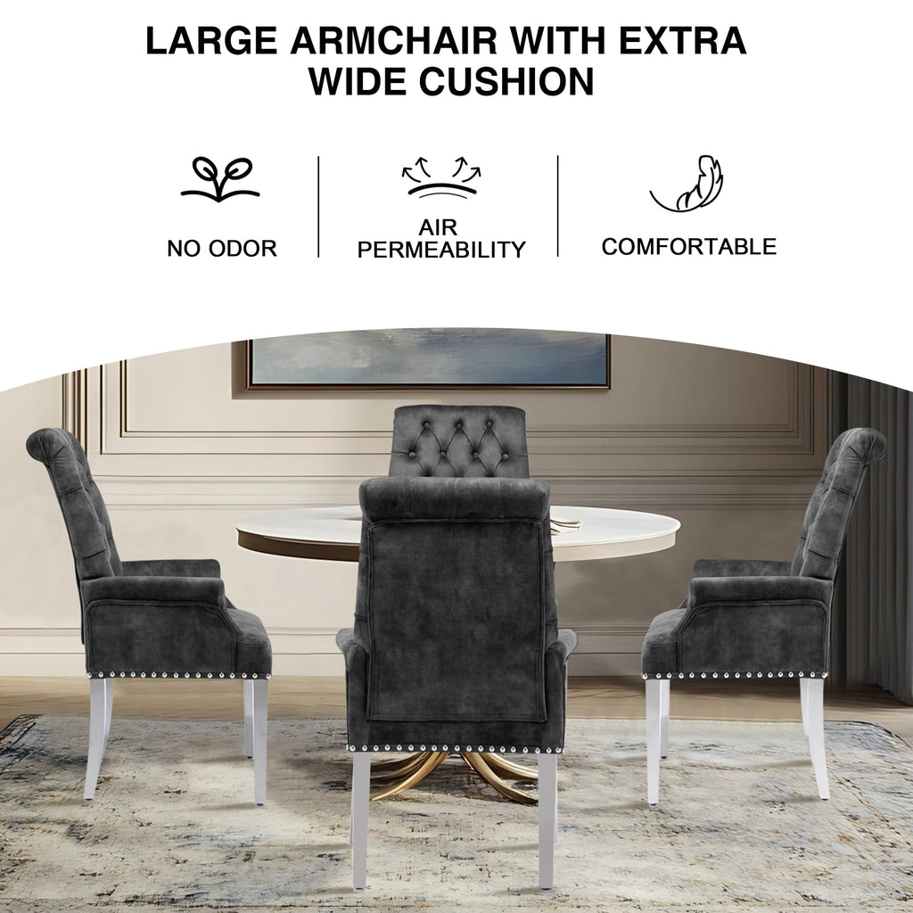 Velvet Dining Chair, Kitchen Arm Chair, Dark Grey