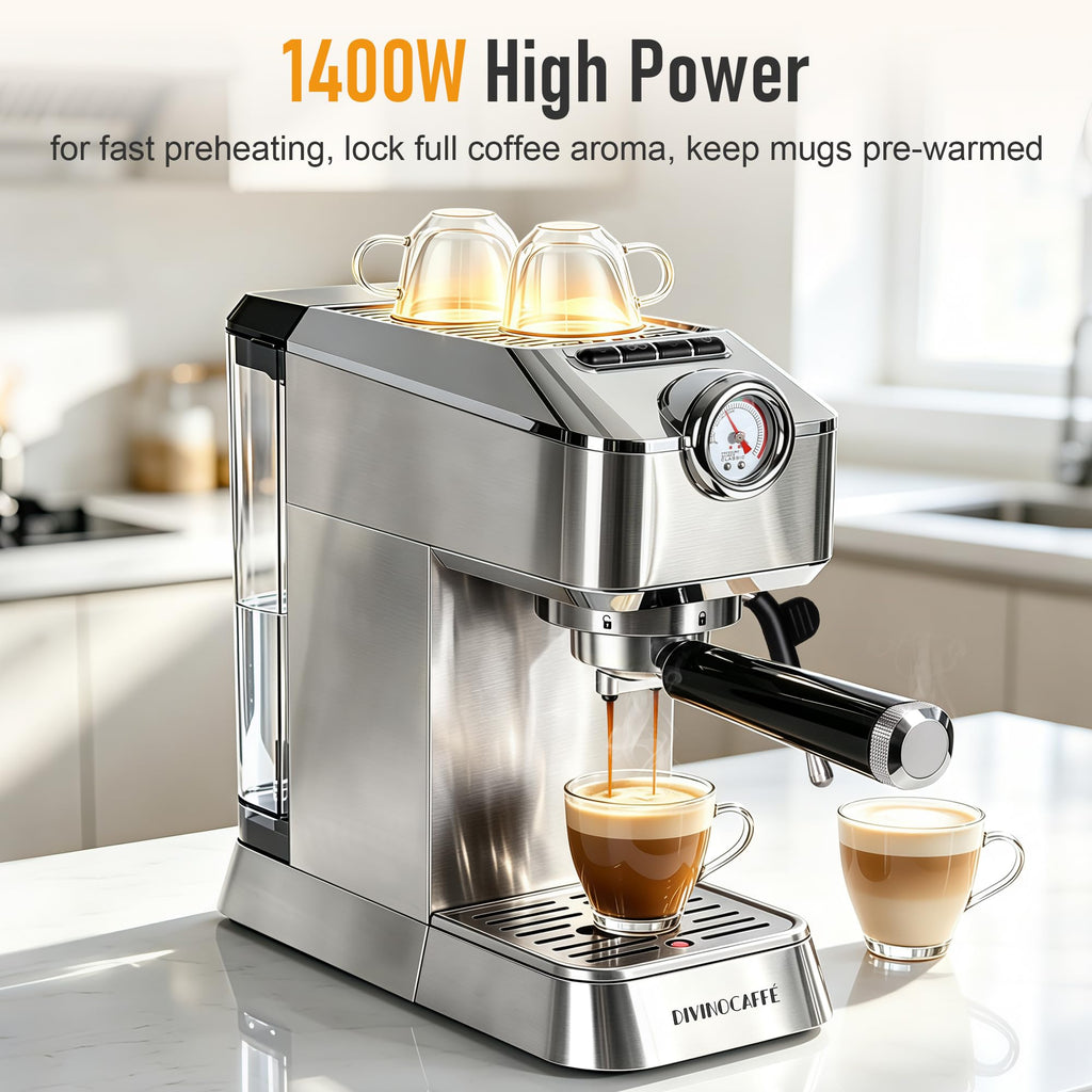 Compact Espresso Machine with Milk Frother and Pressure Gauge, 20 Bar Pump