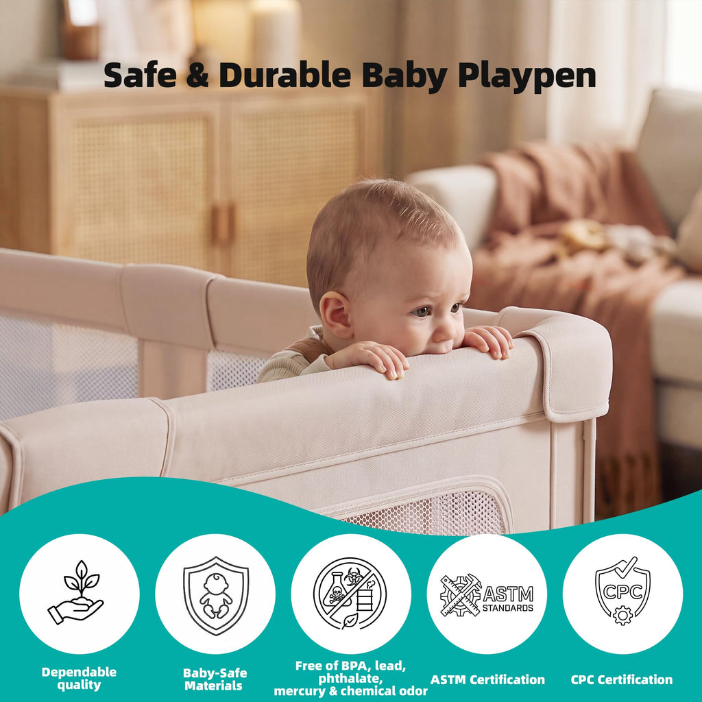Foldable Baby Playpen with Mat, 71x59 Inches, Light Khaki