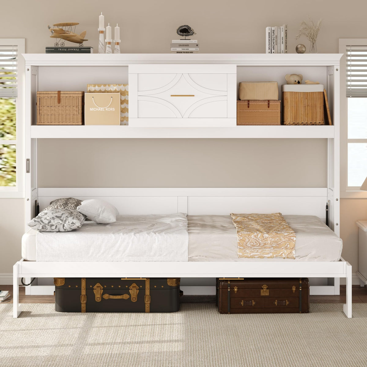 Twin Size Murphy Bed, Wood Murphy Bed Wall Bed with Charging Station, Shelves and a Drawer, White
