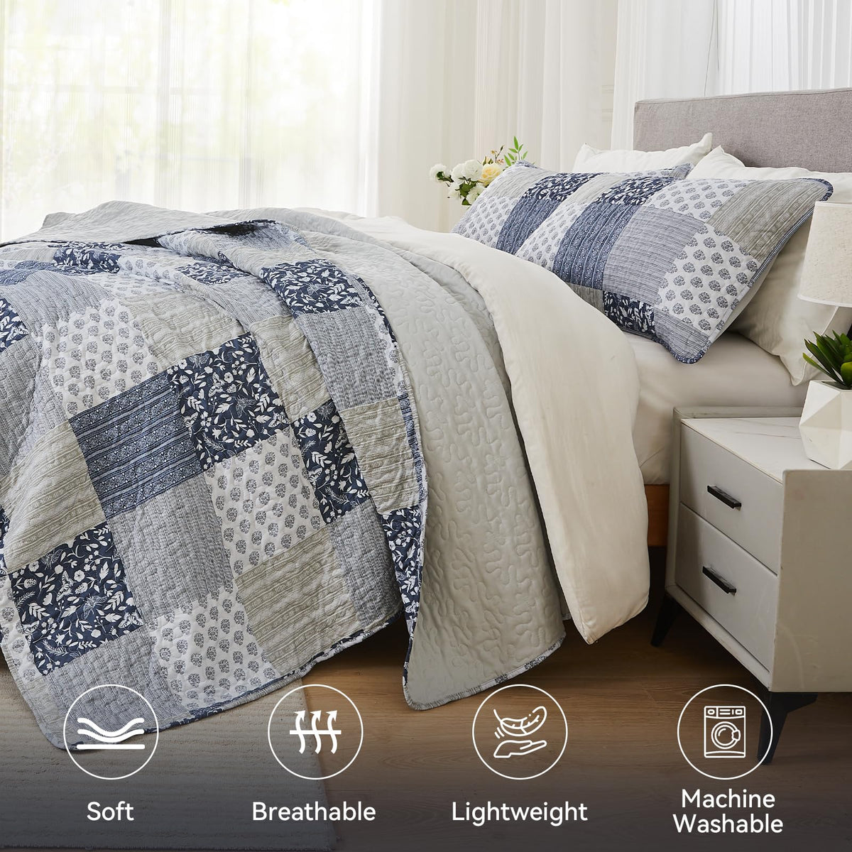 Navy Blue Gray Quilt Set 128x120, 3 Piece Quilted Bedspread Set Patchwork Plaid Bedding Comforter Set