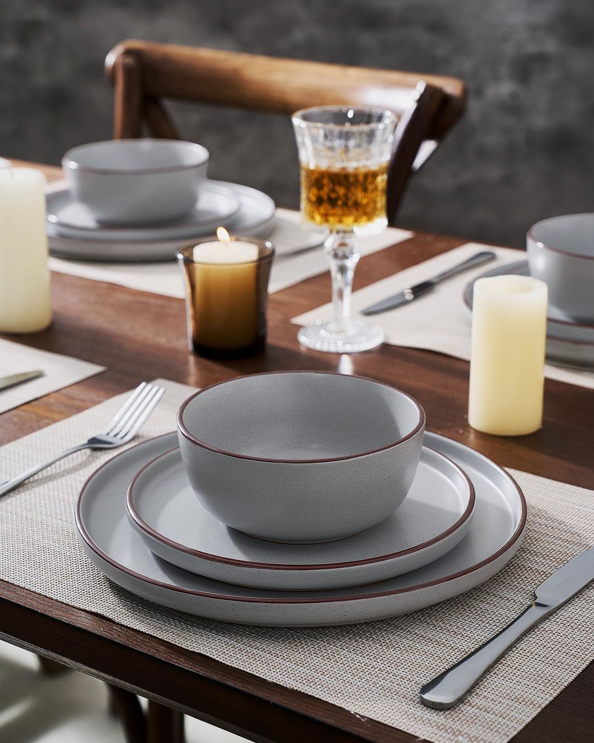 Mercury 24-Piece Dinnerware Set with Pasta Bowls,Light Grey