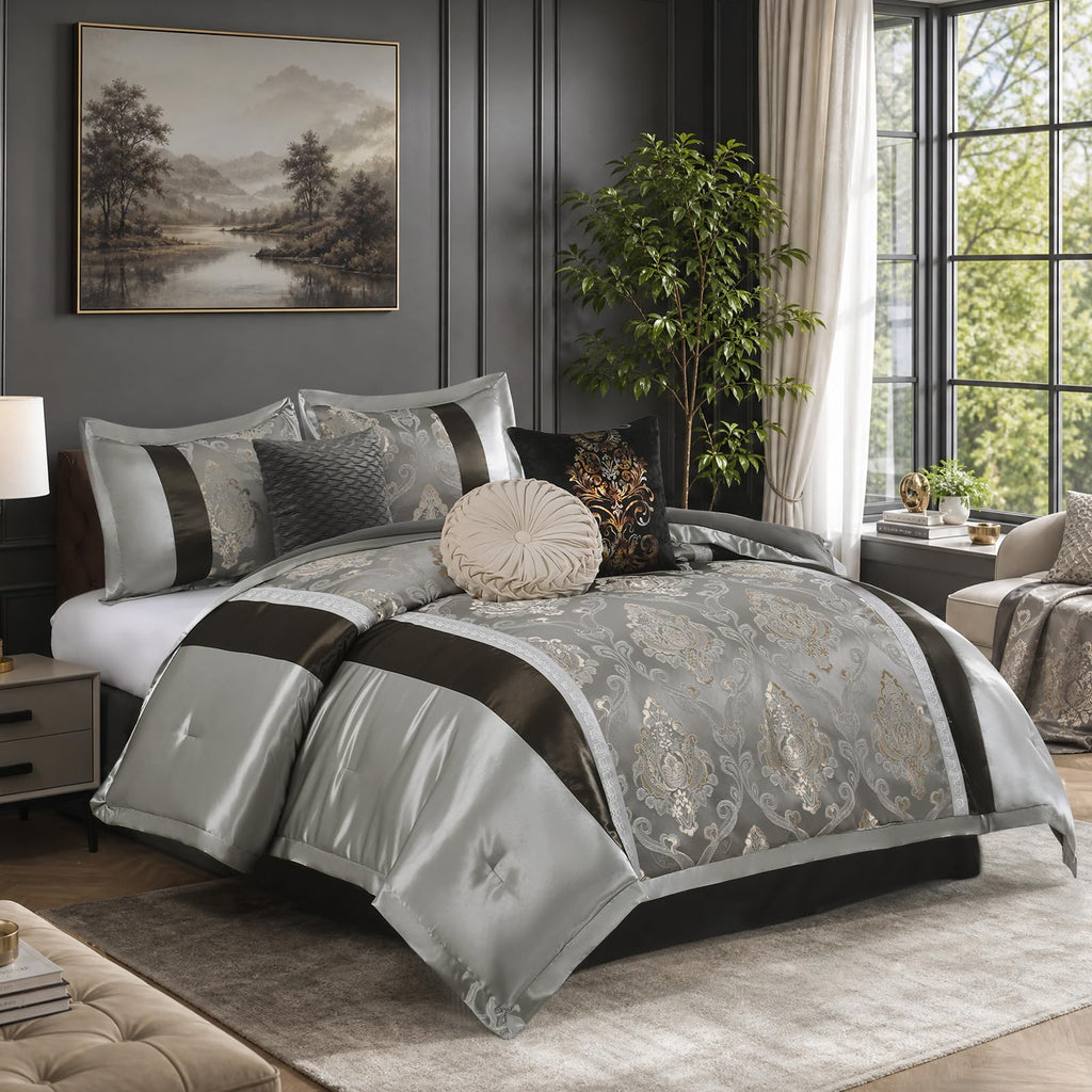 7 Piece Comforter Set - Luxury Vintage Damask Jacquard Bed in Bag, All Season Striped Patchwork Thick