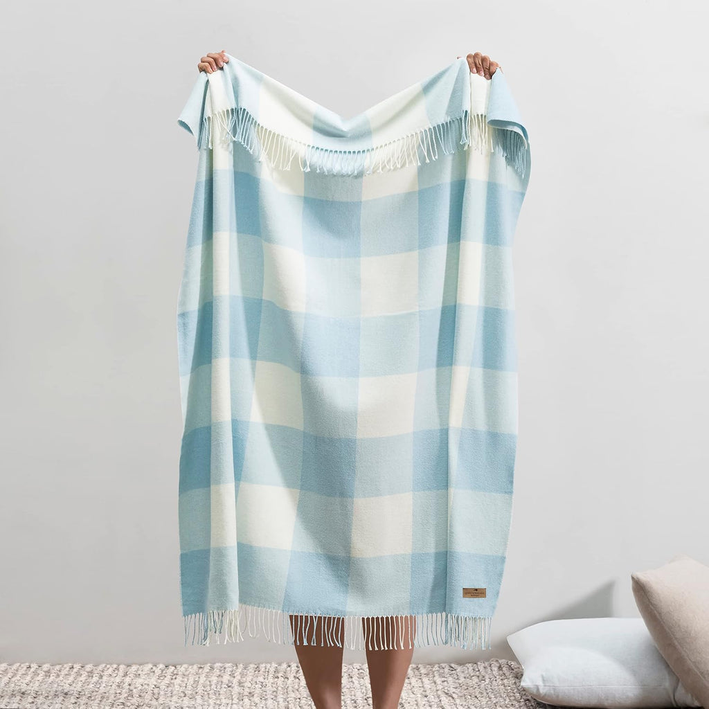 All-Season, Luxury Baby Blue Buffalo Check Herringbone Throw - Soft Woven Throw with Decorative Fringe - Made