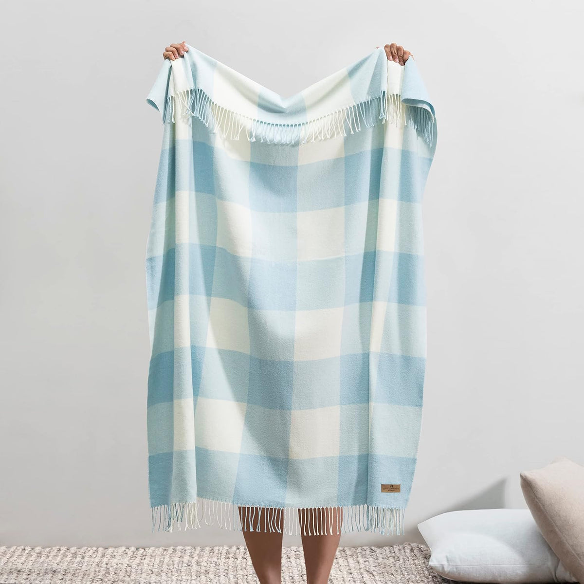 All-Season, Luxury Baby Blue Buffalo Check Herringbone Throw - Soft Woven Throw with Decorative Fringe - Made
