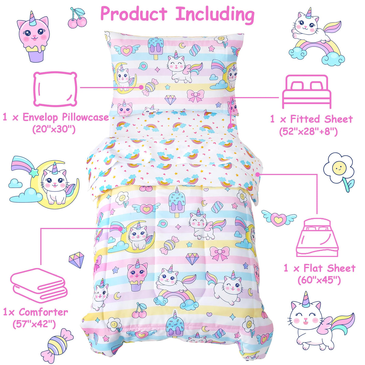 Toddler Bedding Sets for Girls,4 Pieces Cat Rainbow Printed