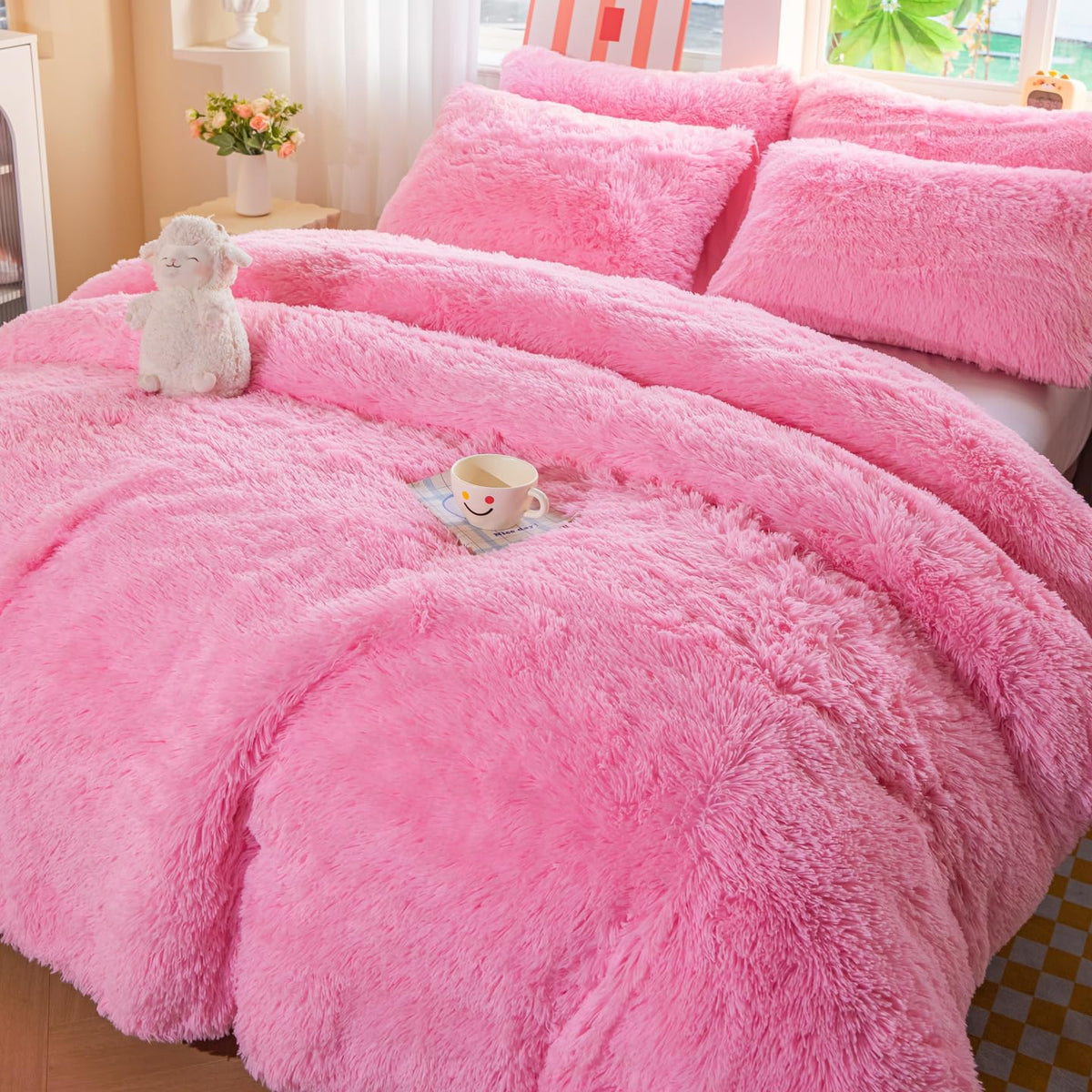 Faux Fur Plush Pink Comforter Sets - Ultra Soft Shaggy Flannel Velvet Fluffy Fuzzy 3PC Bedding Sets