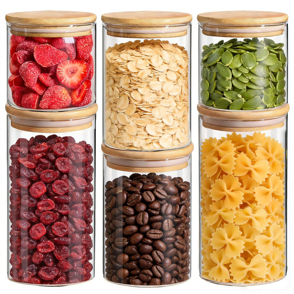 Glass Storage Containers with Lids, Set of 6 Jars (0.6Qt/1Qt/1.5Qt)