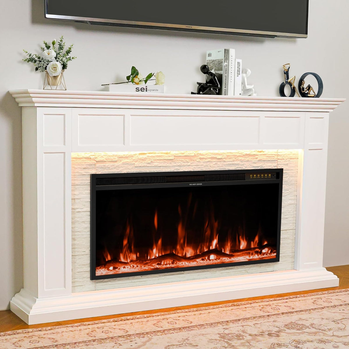 69" Electric Fireplace with Mantel, Freestanding Fireplace Console with 42" Insert for Livingroom/Bedroom, Realistic