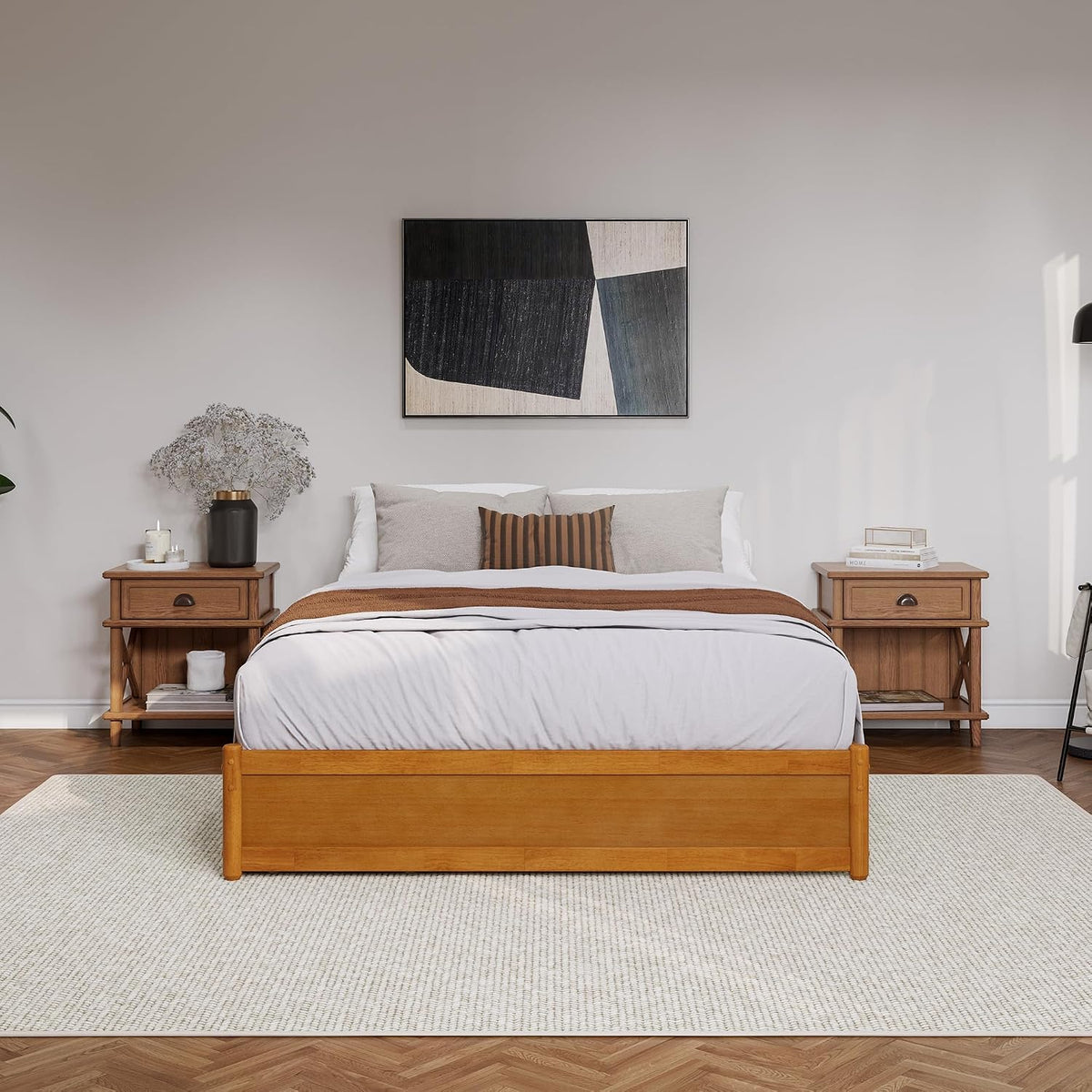 Queen Wood Panel Platform Bed with Storage Drawers, Light Toffee