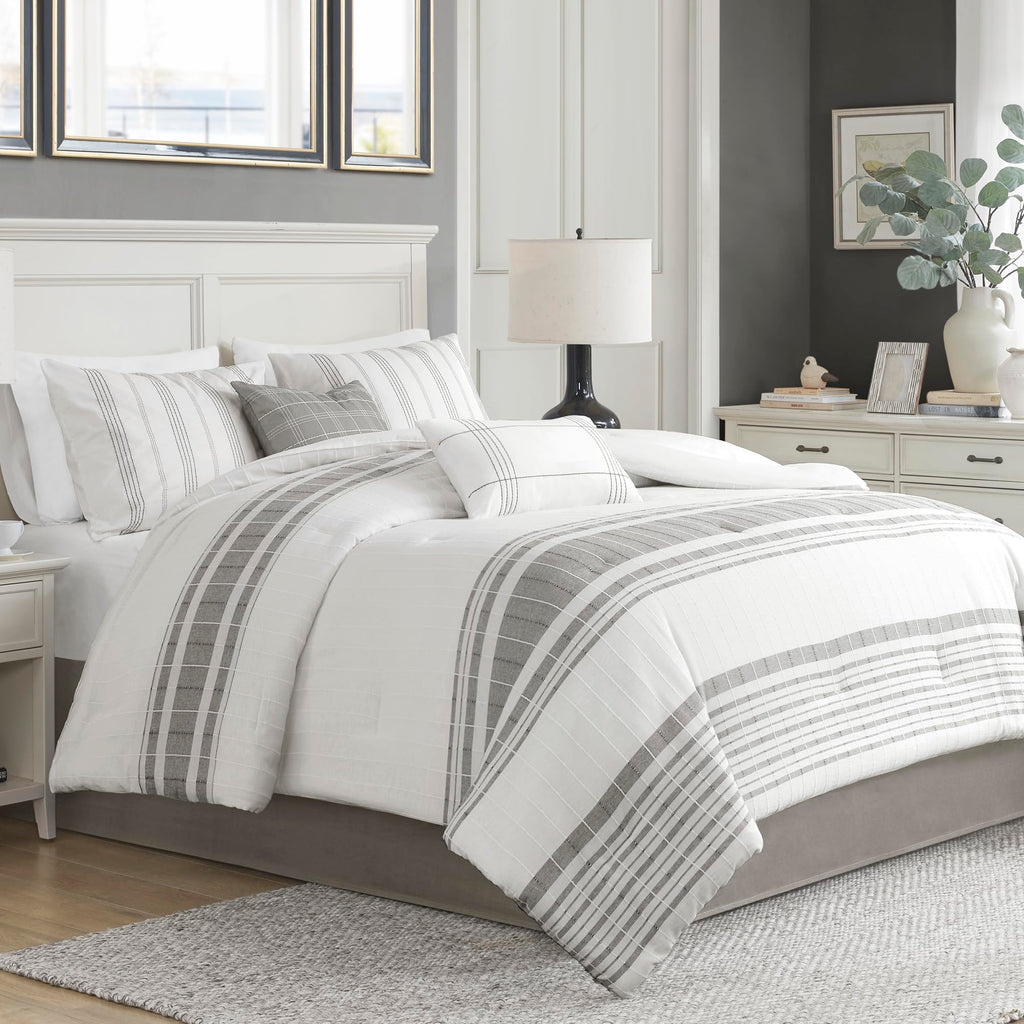 Comforter Set, Stripes Clipped Jacquard, Soft Cotton Oversized Comforter for a -Size Bed, Farmhouse Bedding