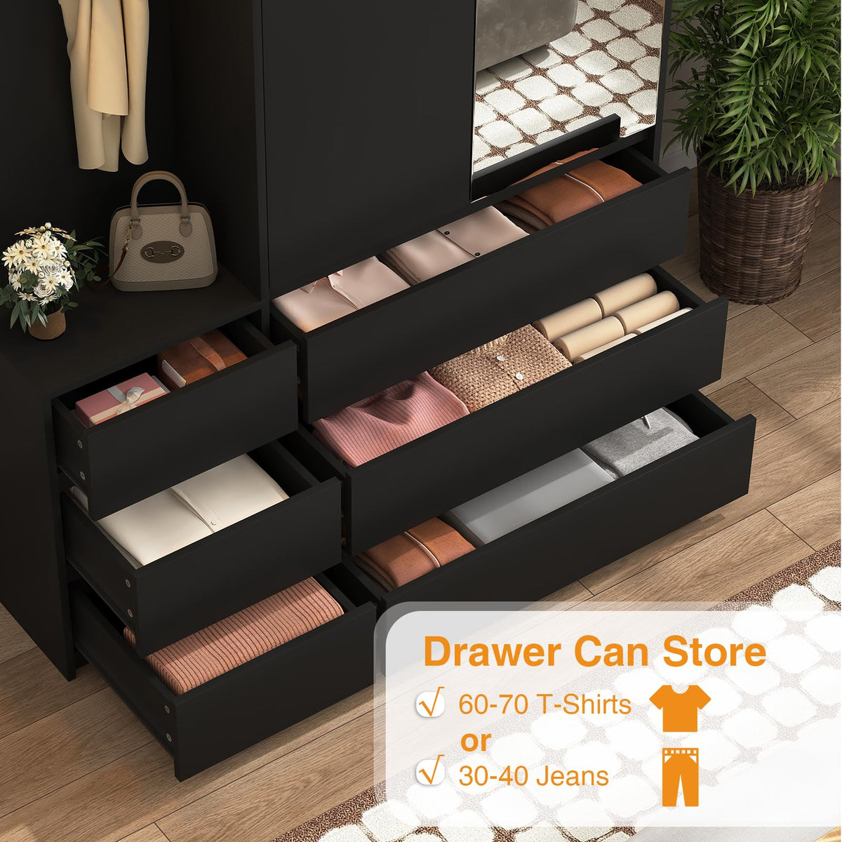 Armoire Wardrobe Closet with Mirror Door and LED Light, Bedroom Armoire with 6 Drawers, Modern Wooden Large Wardrobe