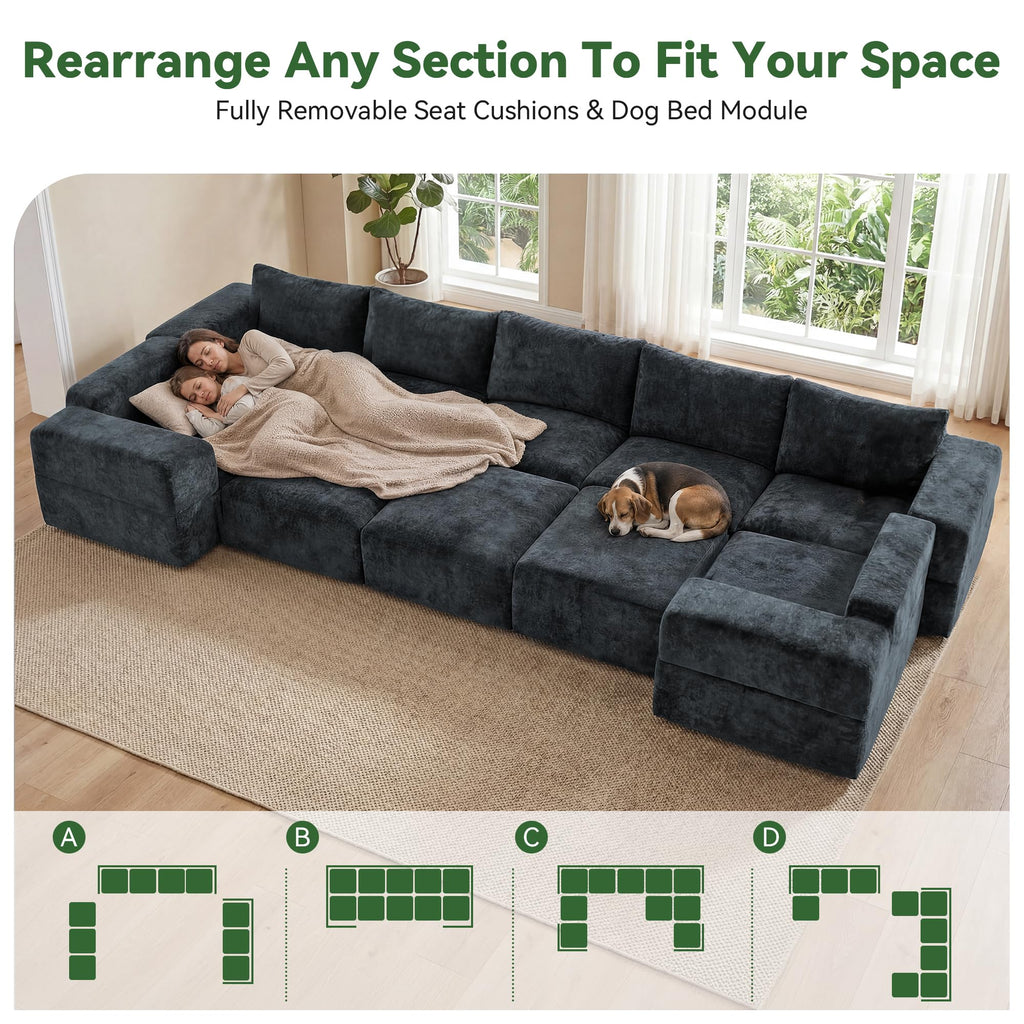 157" U Shaped Modular Sectional Sofa, 10 Seat Cloud Couch, Grey