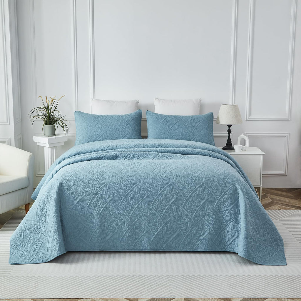 Queen Size Quilt Set Cotton Blue Matelasse Coverlet Set Elegant Quilted Bedding Set 3-Piece