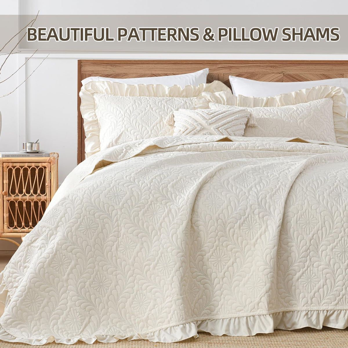 Quilt Bedding Set, Ruffled Reversible Bedding Set, Beige