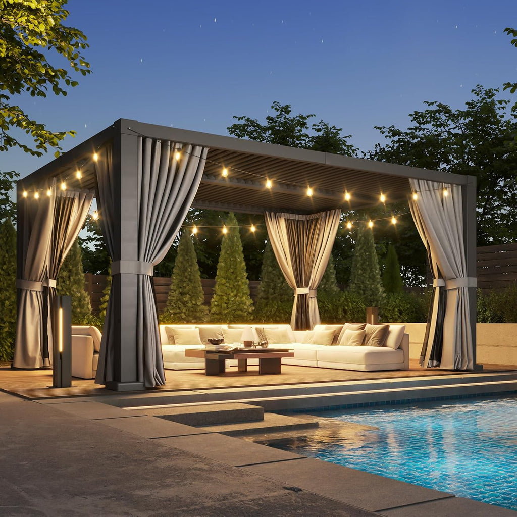 Louvered Pergola 12' x 16' Outdoor Aluminum Pergola Adjustable Roof, with Waterproof Curtains and Nets