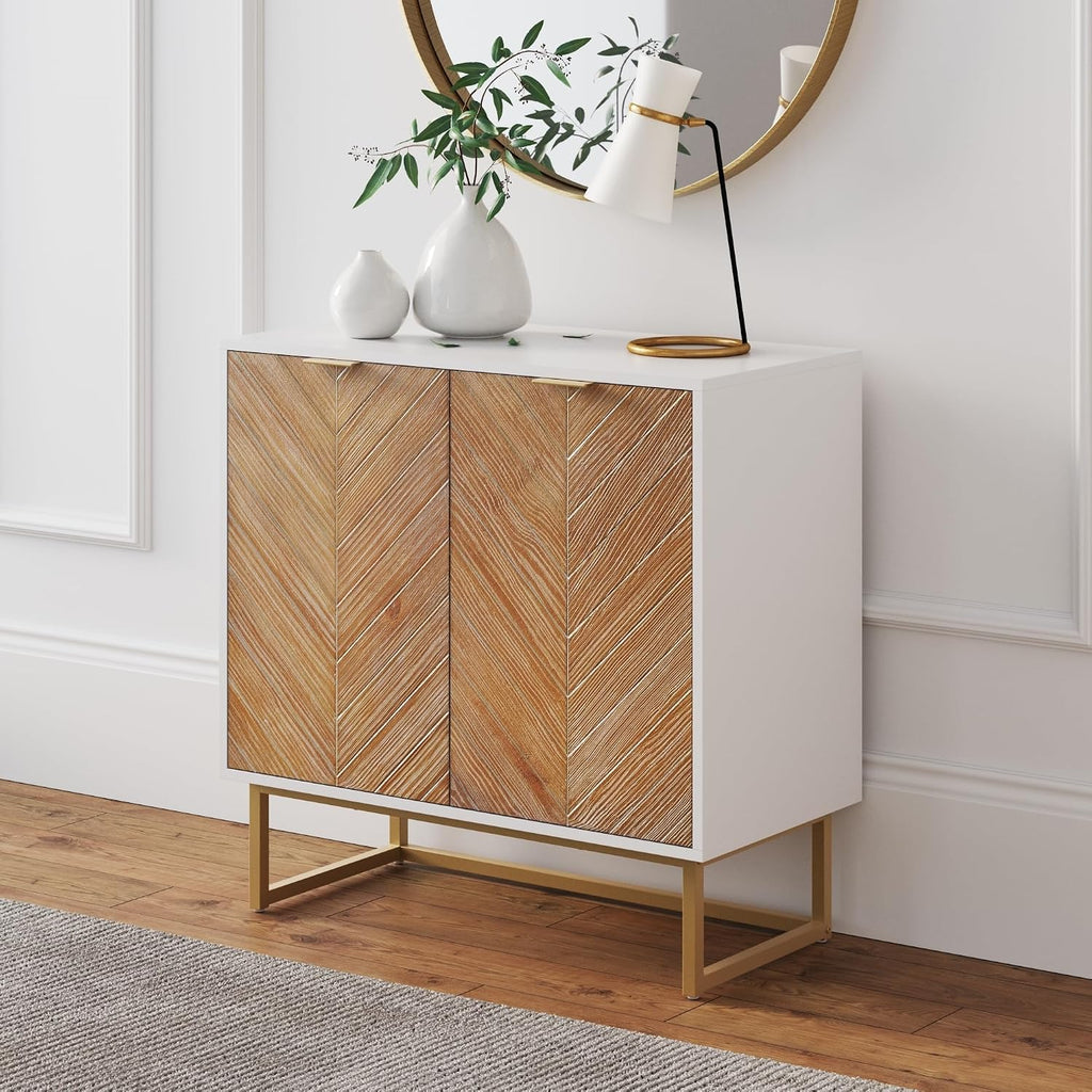 Enloe Modern Storage Free Standing Accent Cabinet White with Doors in a Rustic Pine Wood Finish and Gold