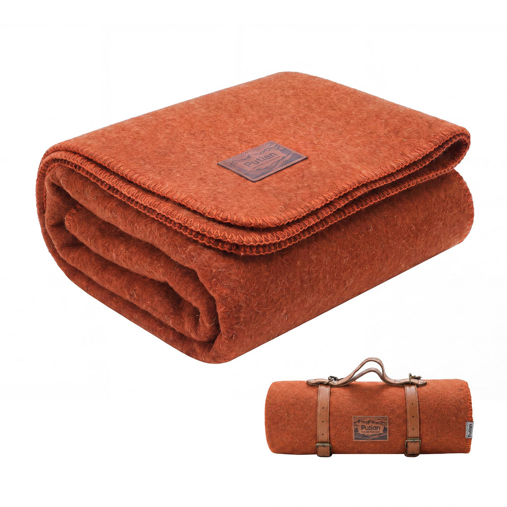 100% Wool Blanket - Camping Outdoor Blanket, 63"×87", Orange