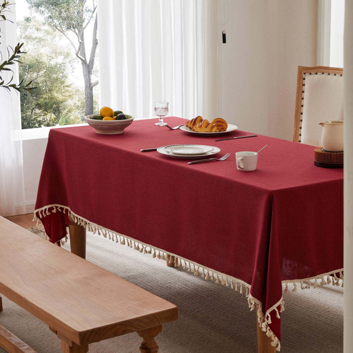 Tassel Linen Rectangular 6ft Table Cloth, Burgundy 60x104 Inch