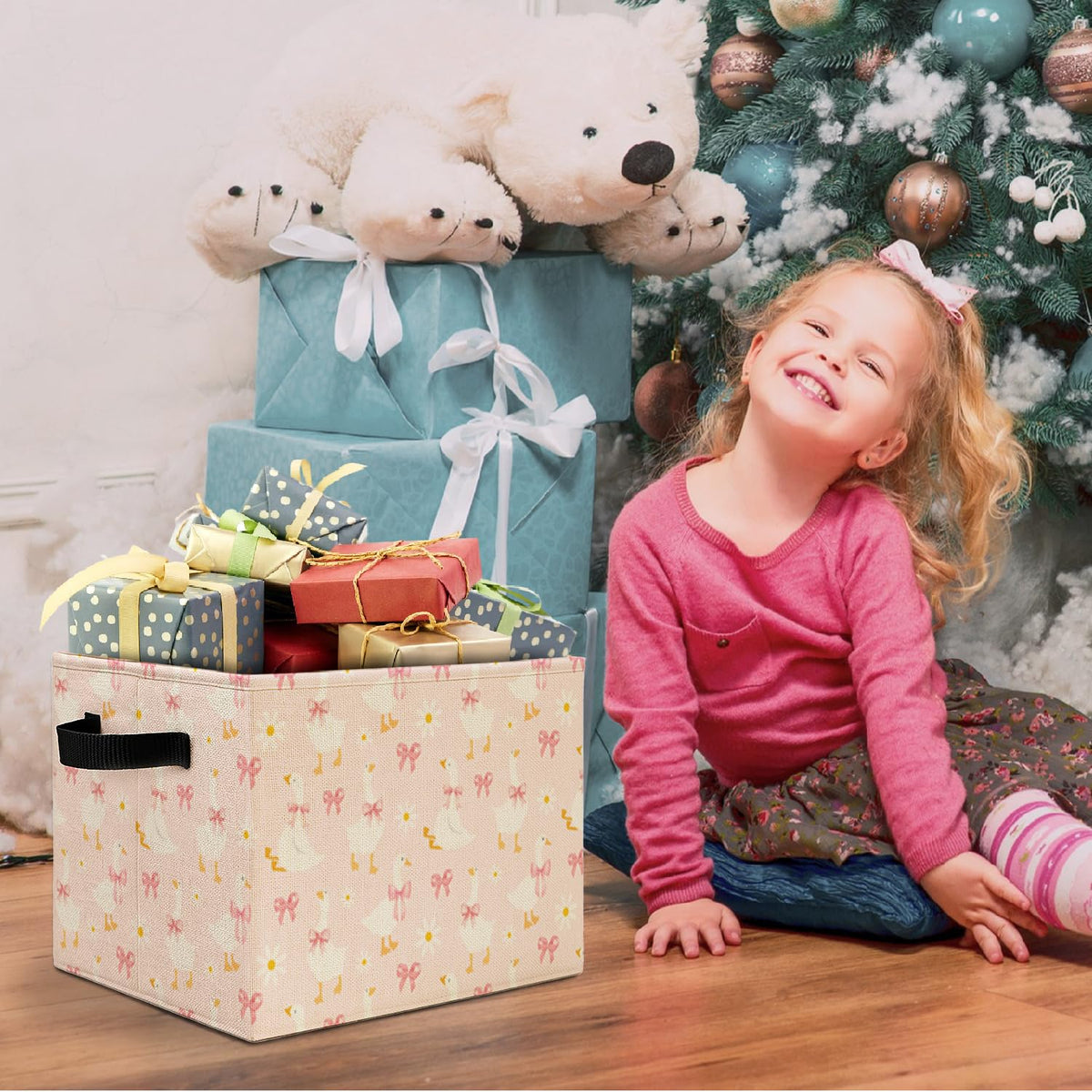 Pink Bow Floral Goose Storage Bins Box with Handles, Goose Nursery Decor, Preppy Geese Laundry Basket Hamper