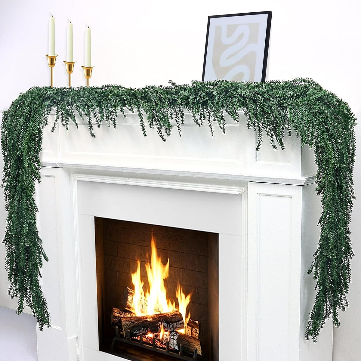 9Ft 2Pcs Artificial Norfolk Pine Garland, Real Touch Faux Greenery for Fireplace Mantel Staircase Wall, Christmas