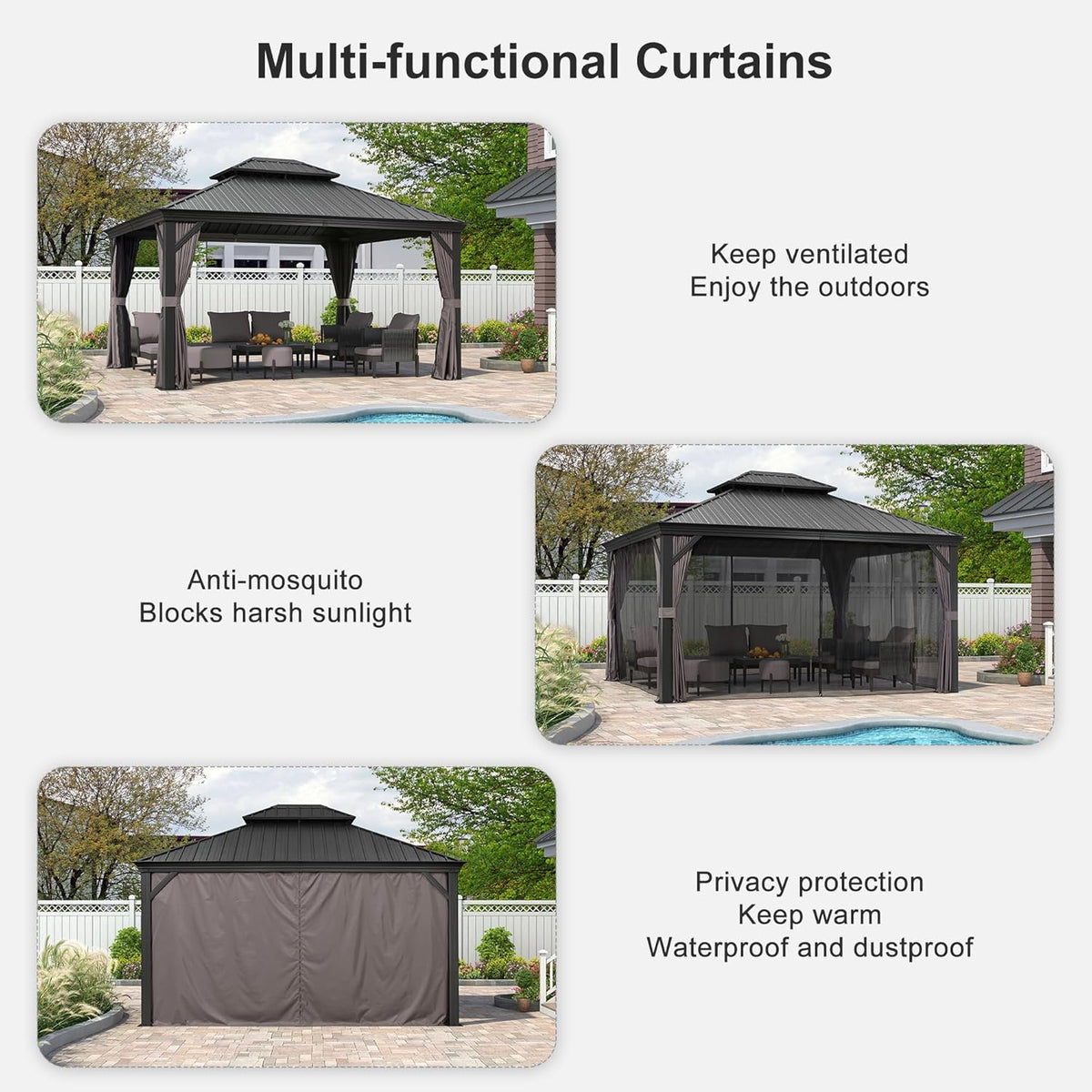 12' X 14' Patio Gazebo with Light Permanent Hardtop Gazebo with Metal Roof for Outdoor Lawn and Garden Grey