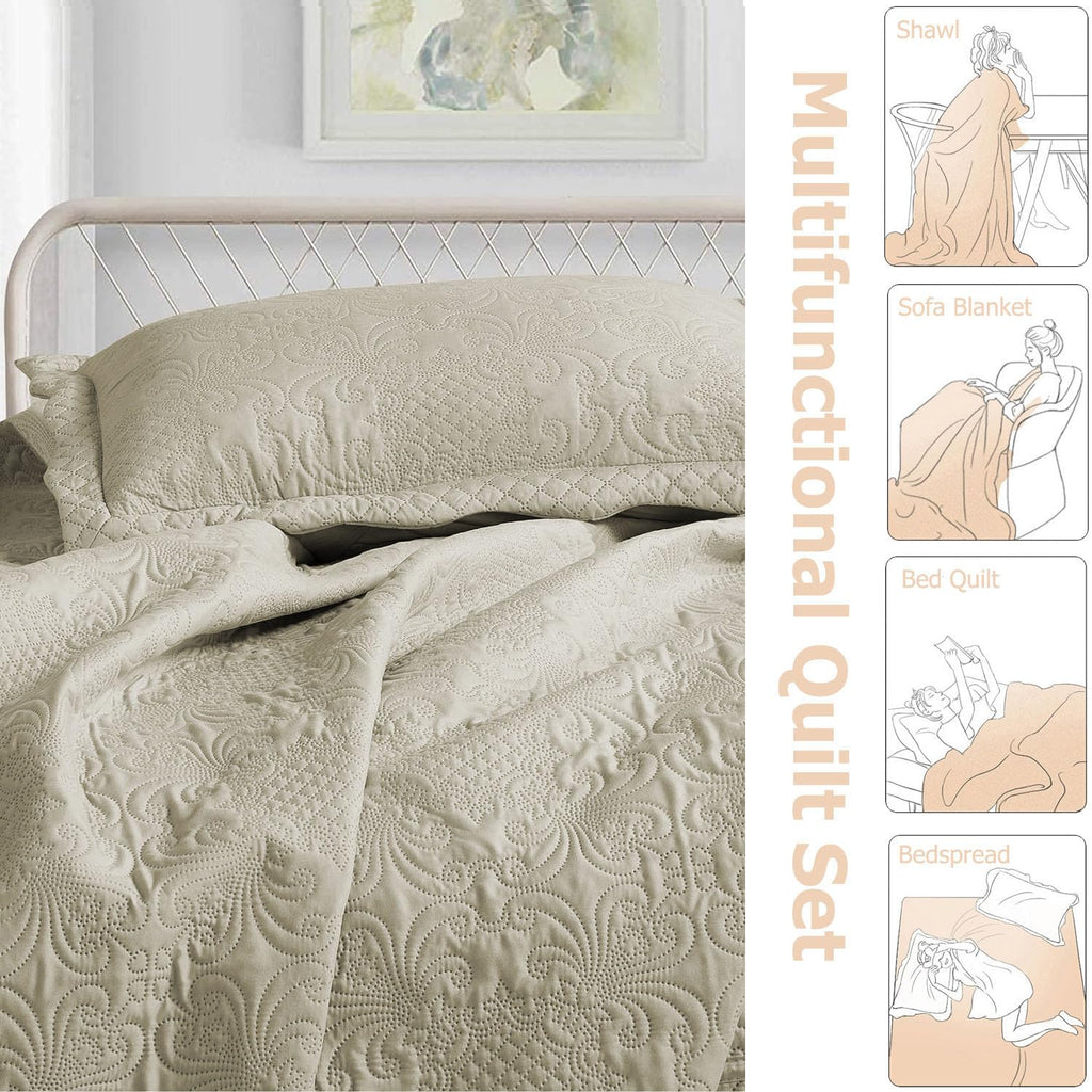 3-Piece Ultrasonic Bedspread Set Coverlet Set Cream Quilt Lightweight Quilt Set Embossed Farmhouse