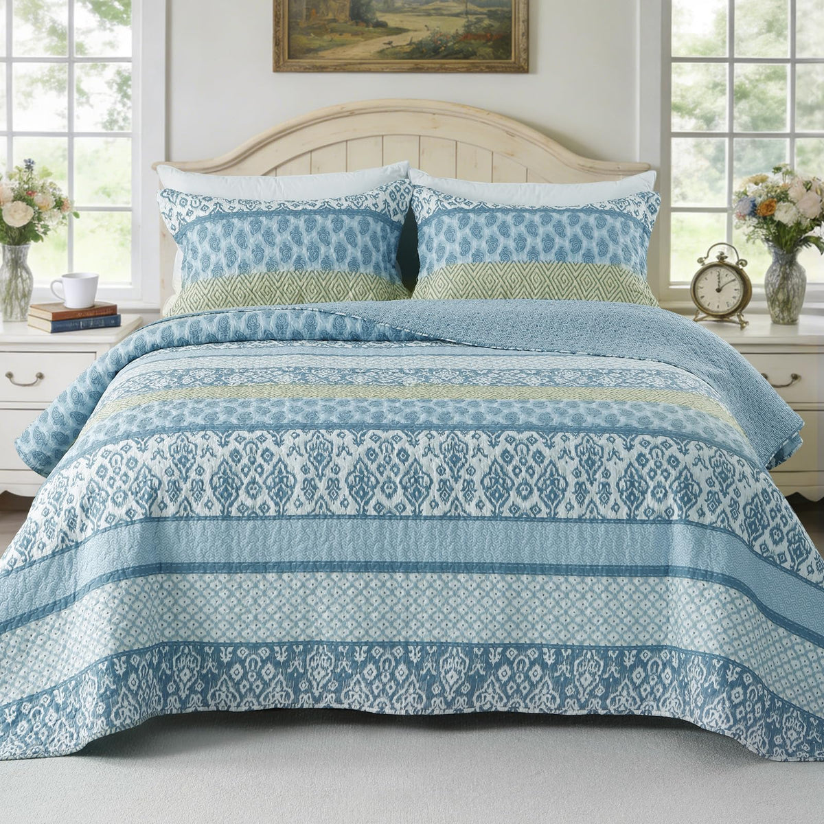 Quilt Set, Blue Paisley Floral, Cotton Blend, 68" x 86"