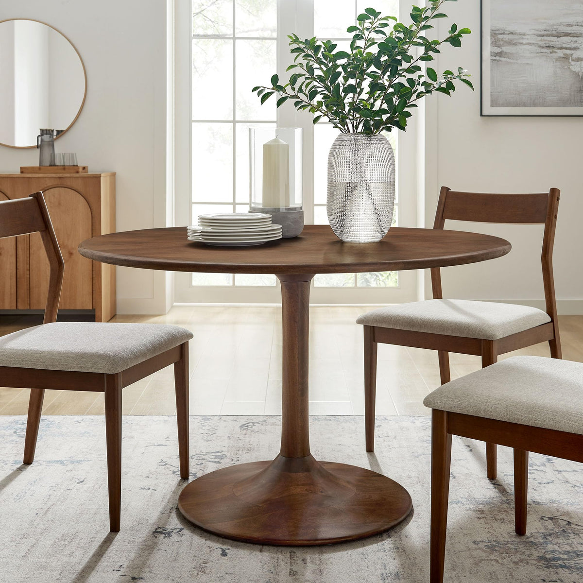 Inspired Saarinen Style 48 Inch Round Wood Dining Table in Walnut - Solid Mango Wood Tabletop with Pedestal Base - Mid Century Modern