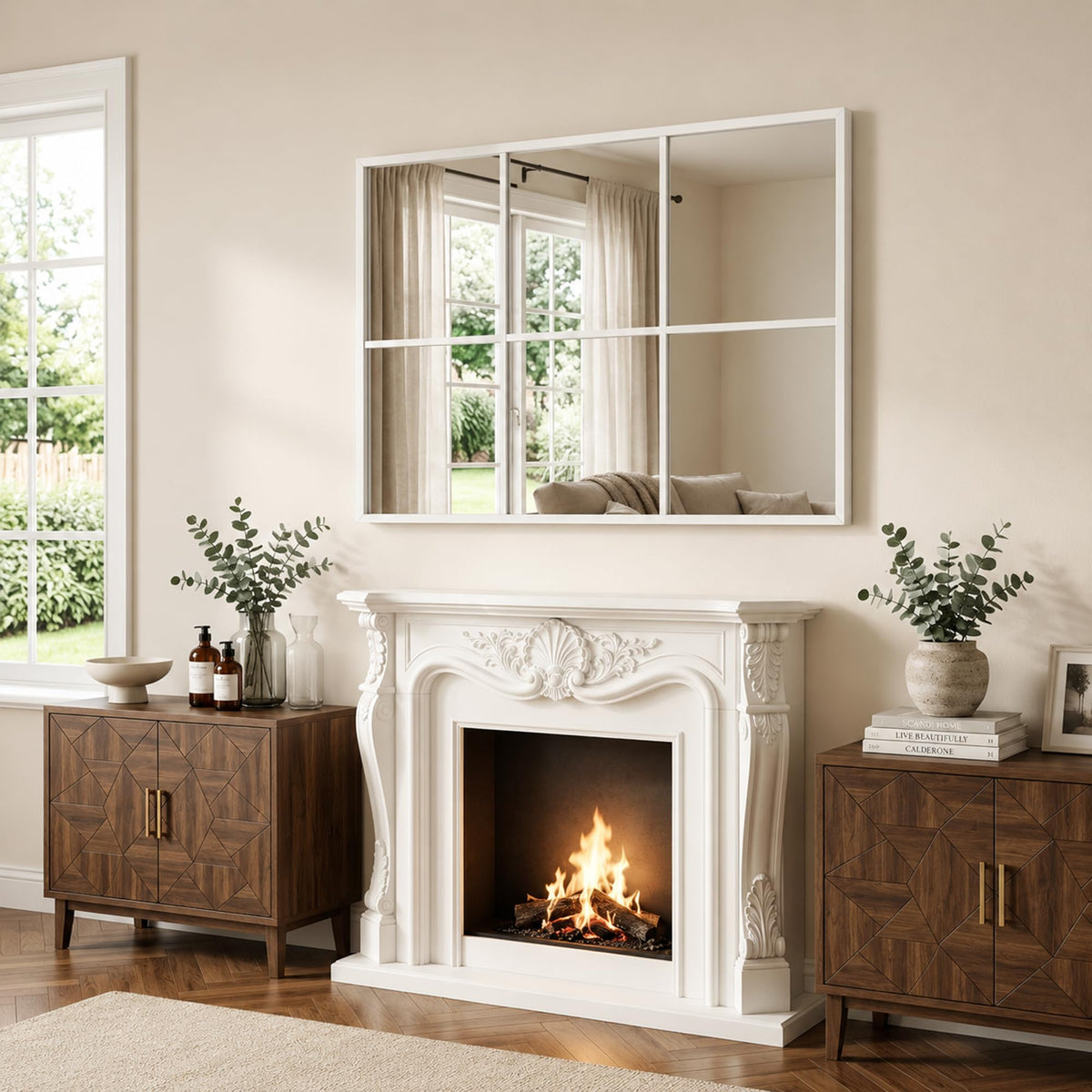 Wall Mounted Mirror, 30"x20" Rectangular Window Pane Mirror (White)