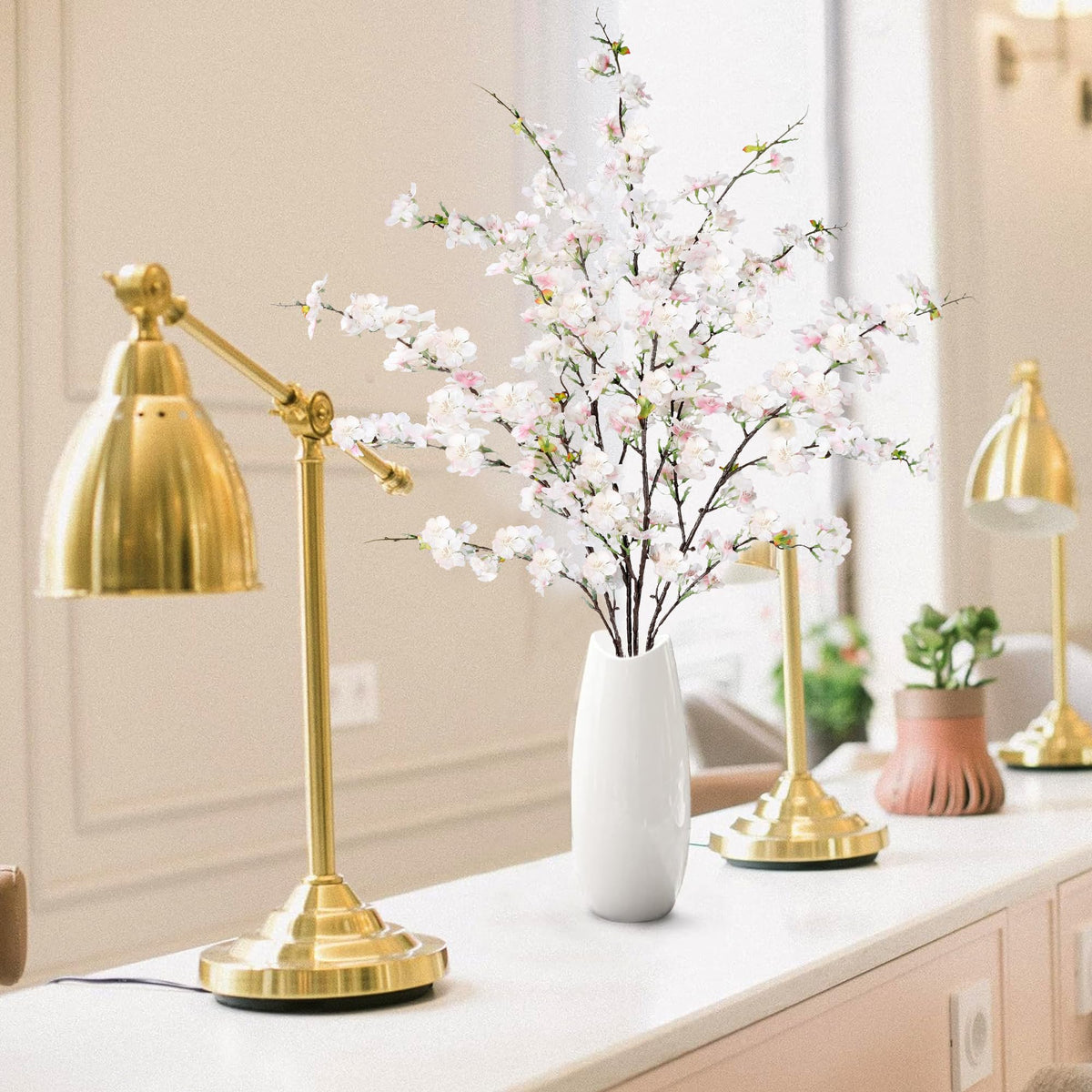 Artificial Cherry Blossom Flowers 4 Pcs Faux Cherry Blossom Stems Faux Silk Cherry Blossom Branches 43'' Fake Flowers