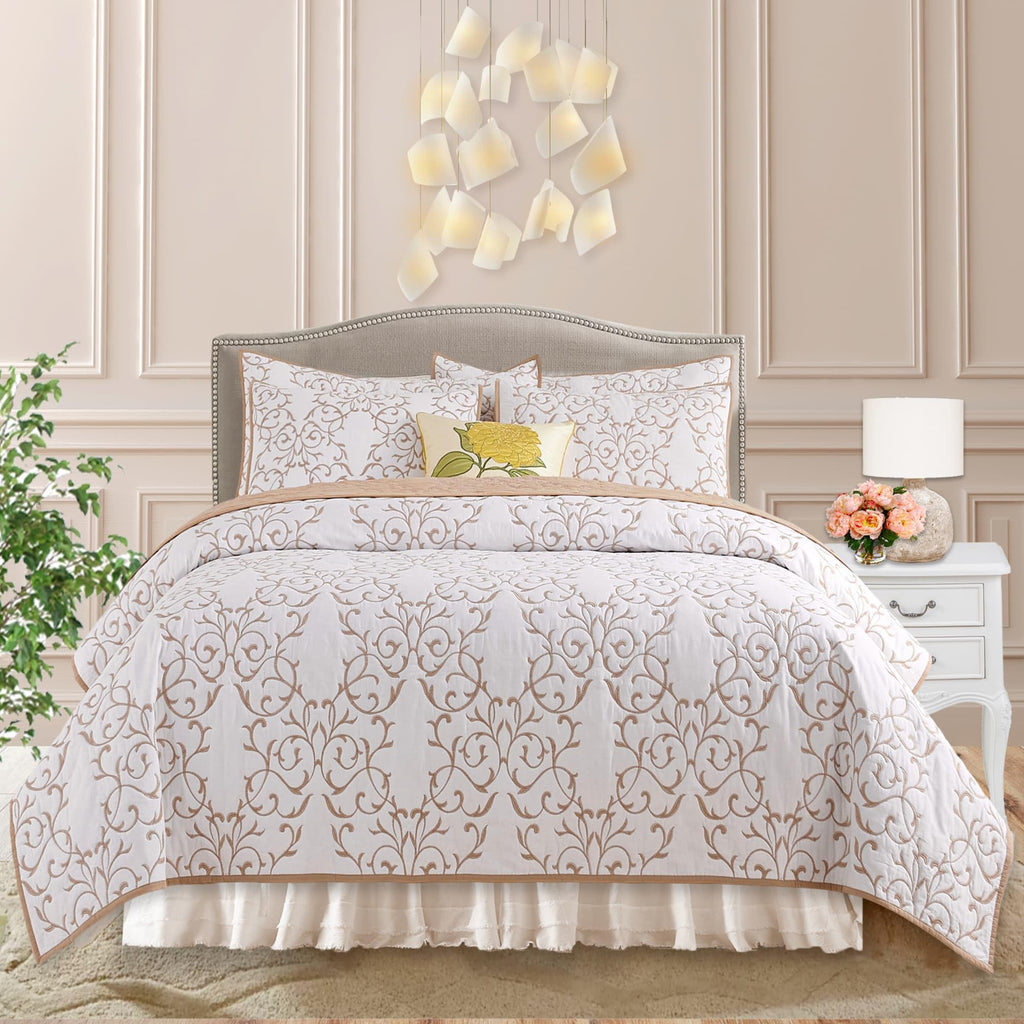 Cotton Quilt - Embroidered Beige Quilt Tan Cotton Coverlet, French Country Toile Bedding, Farmhouse Bed