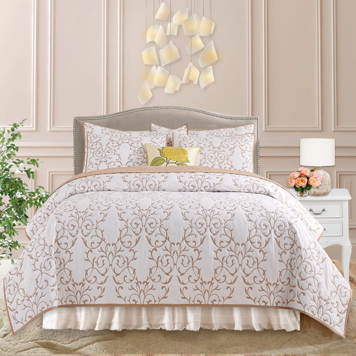 Cotton Quilt - Embroidered Beige Quilt Tan Cotton Coverlet, French Country Toile Bedding, Farmhouse Bed