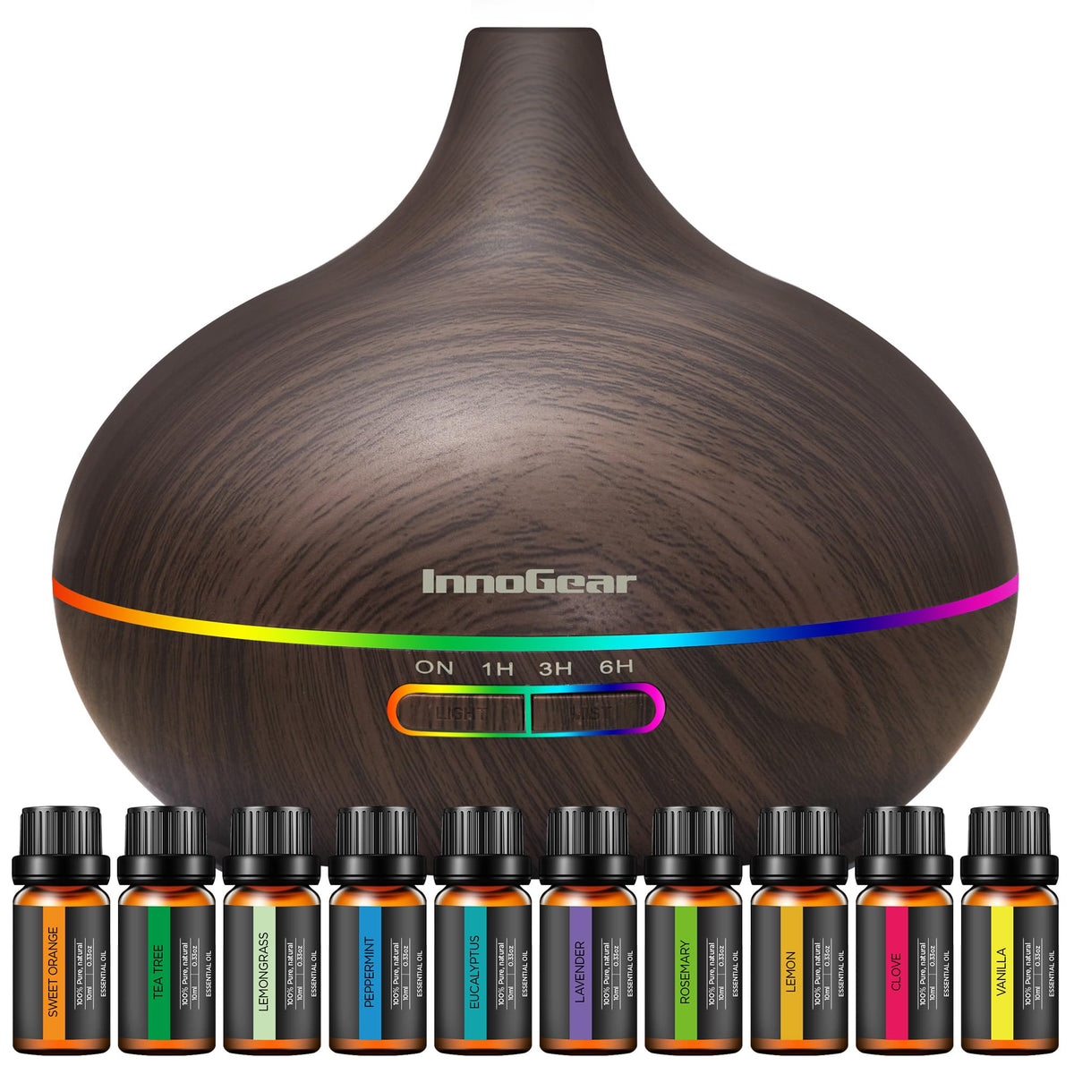 400ml Aromatherapy Essential Oil Diffuser 10 Oils Gift Set, Dark