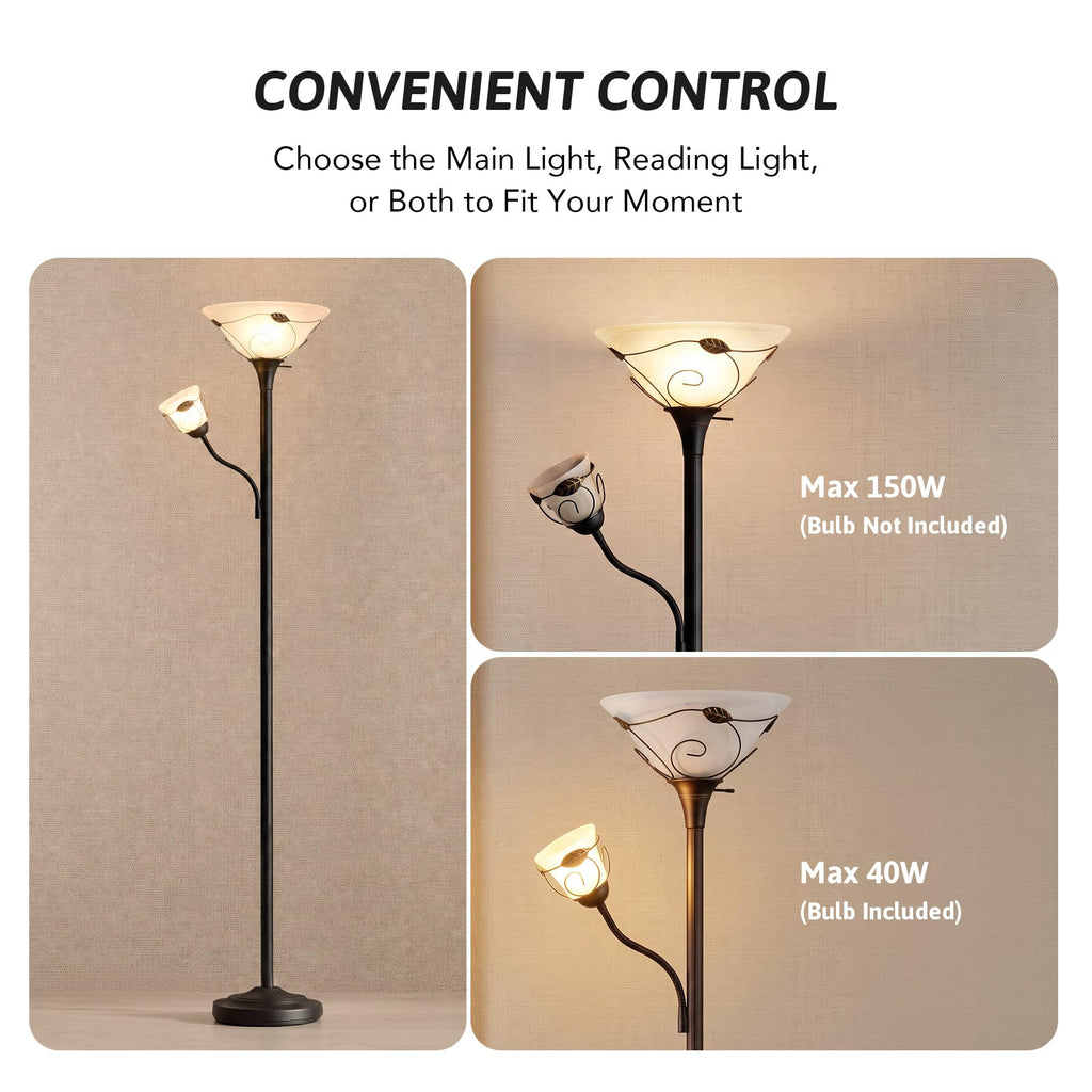 Torchiere Floor Lamp Tiffany Style w/ Side Reading Light, 3-Way Switch Combo Antique Bronze Mother Daughter Floor