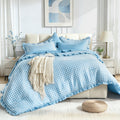 7 Pieces Gingham Ruffle Comforter Set, Blue Grid Tartan Bedding Set, Soft Breathable Fabric Comforter