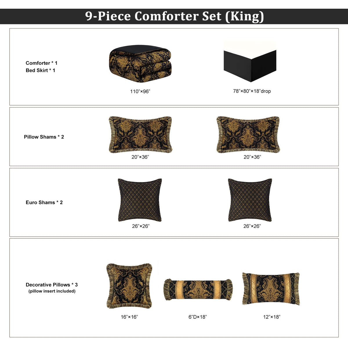 9-Piece King Size Comforter Set, Classic Damask Bedding Set