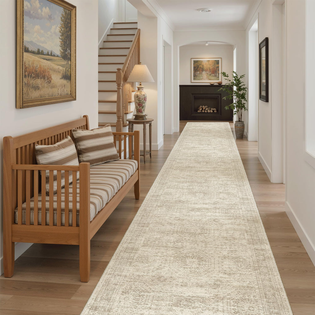 Hallway Runner Rug 2'6" x 14' Washable Long Kitchen Rugs Beige