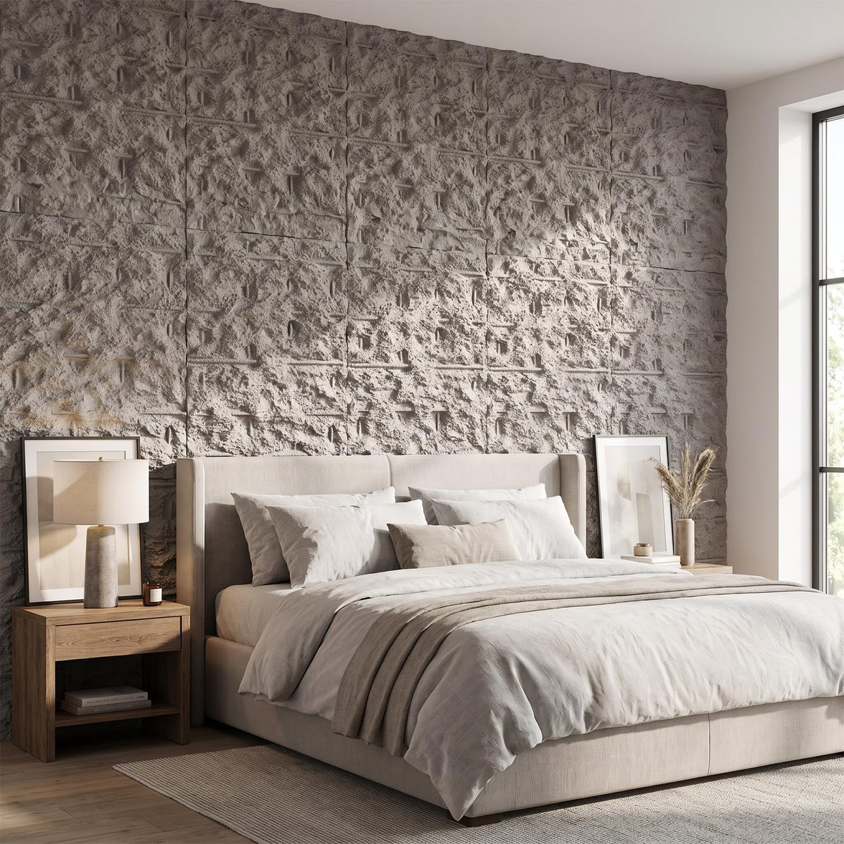 3D Faux Stone Wall Panels, 4 PCS PU Wainscoting Panel - Frosted Stone Design for Interior Wall Decor, Home & Office