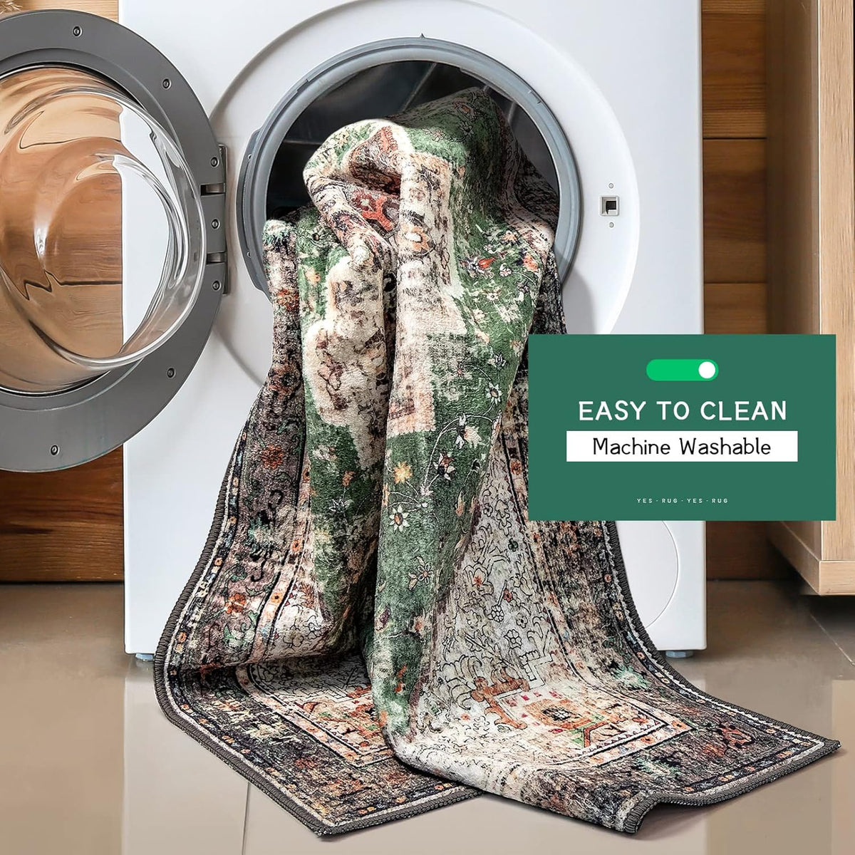 Runner Rug Green Boho Area Rugs for Hallway Indoor Laundry Room Bathroom Lightweight Non Slip Vintage Rug