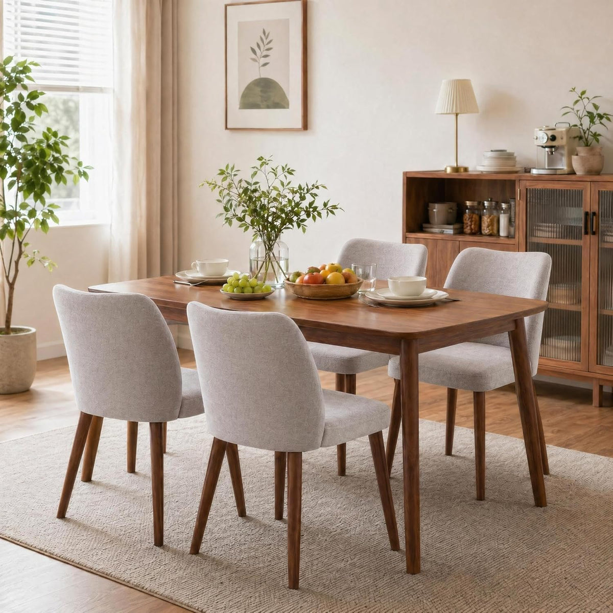 Linen Dining Chairs Set of 4 Upholstered Fabric Dining Chair with Wood Legs, Wing Backrest, Wooden Kitchen Chairs