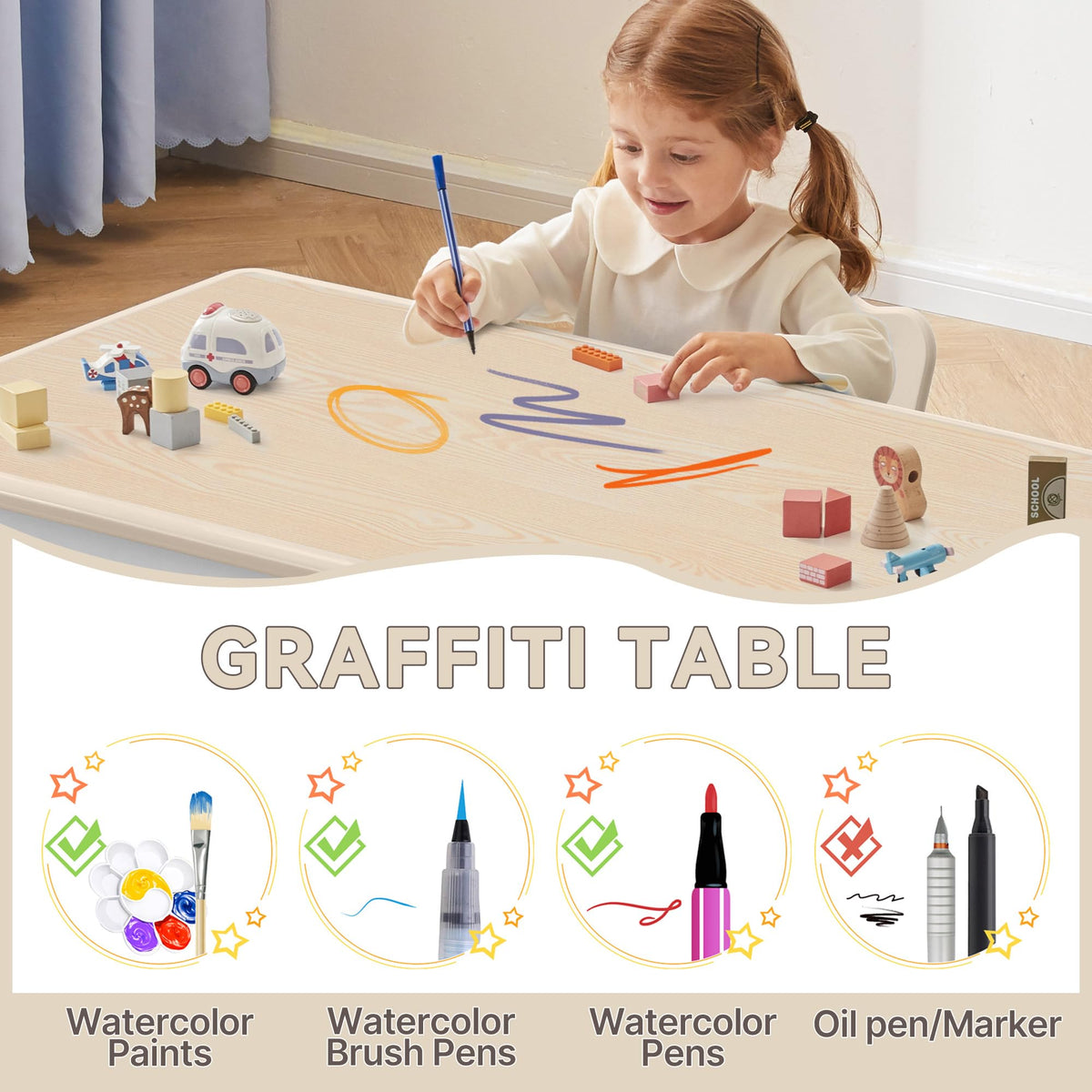 Kids Study Table and Chairs Set, Height Adjustable Toddler Table and Chair Set for Kids Ages 3-8, Graffiti Desktop