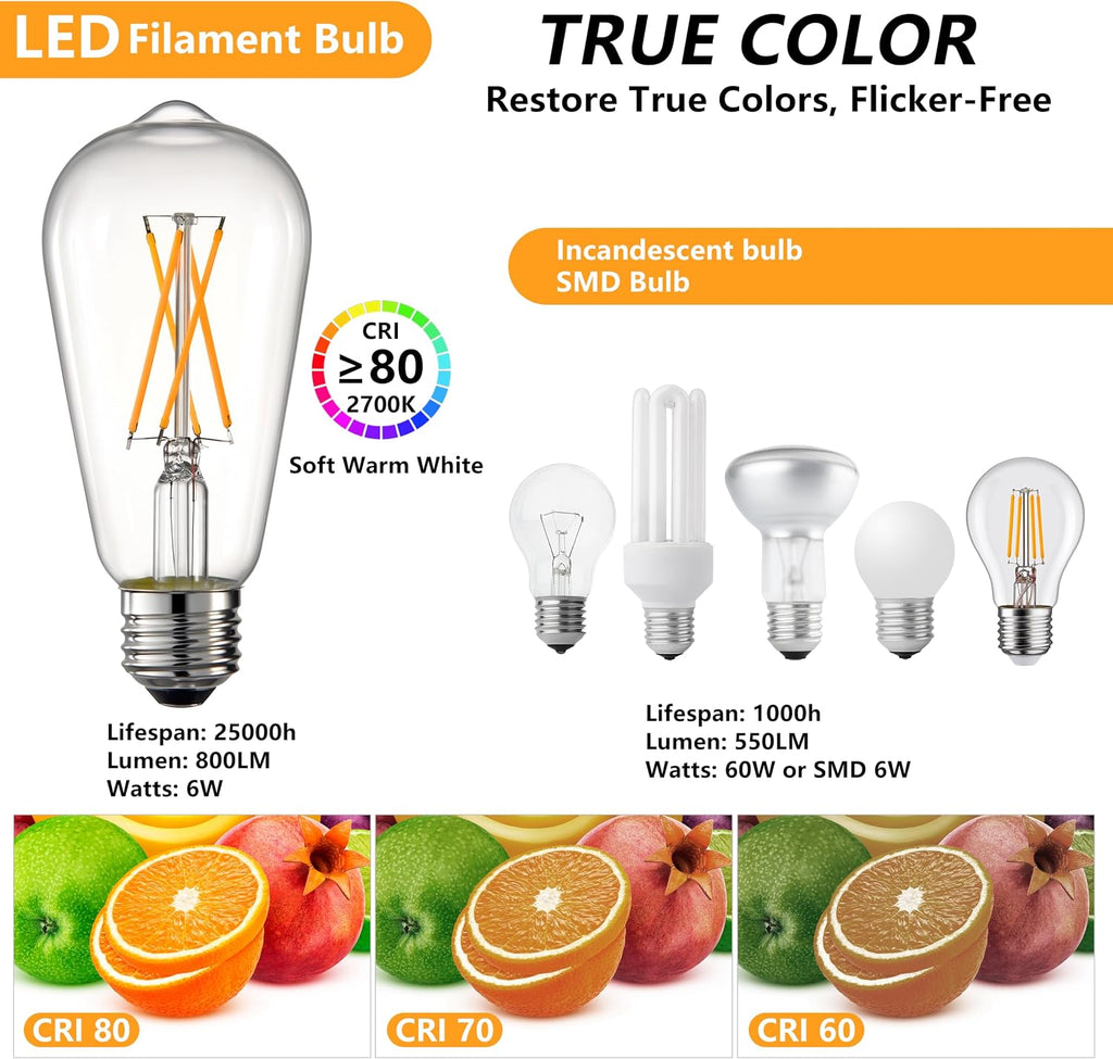 ST58 E26 LED Bulb 60 Watt Equivalent 2700K Dimmable, 4 Pack