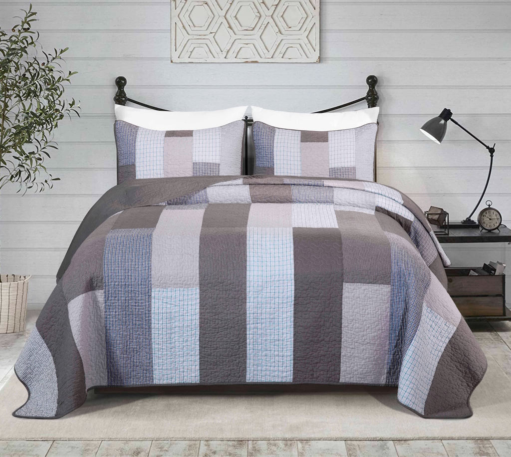 Sora 3-Piece Plaid Checkered Grid Patchwork Stripe Quilt Set - Soft Lightweight 100% Washed Cotton Bedspread for All