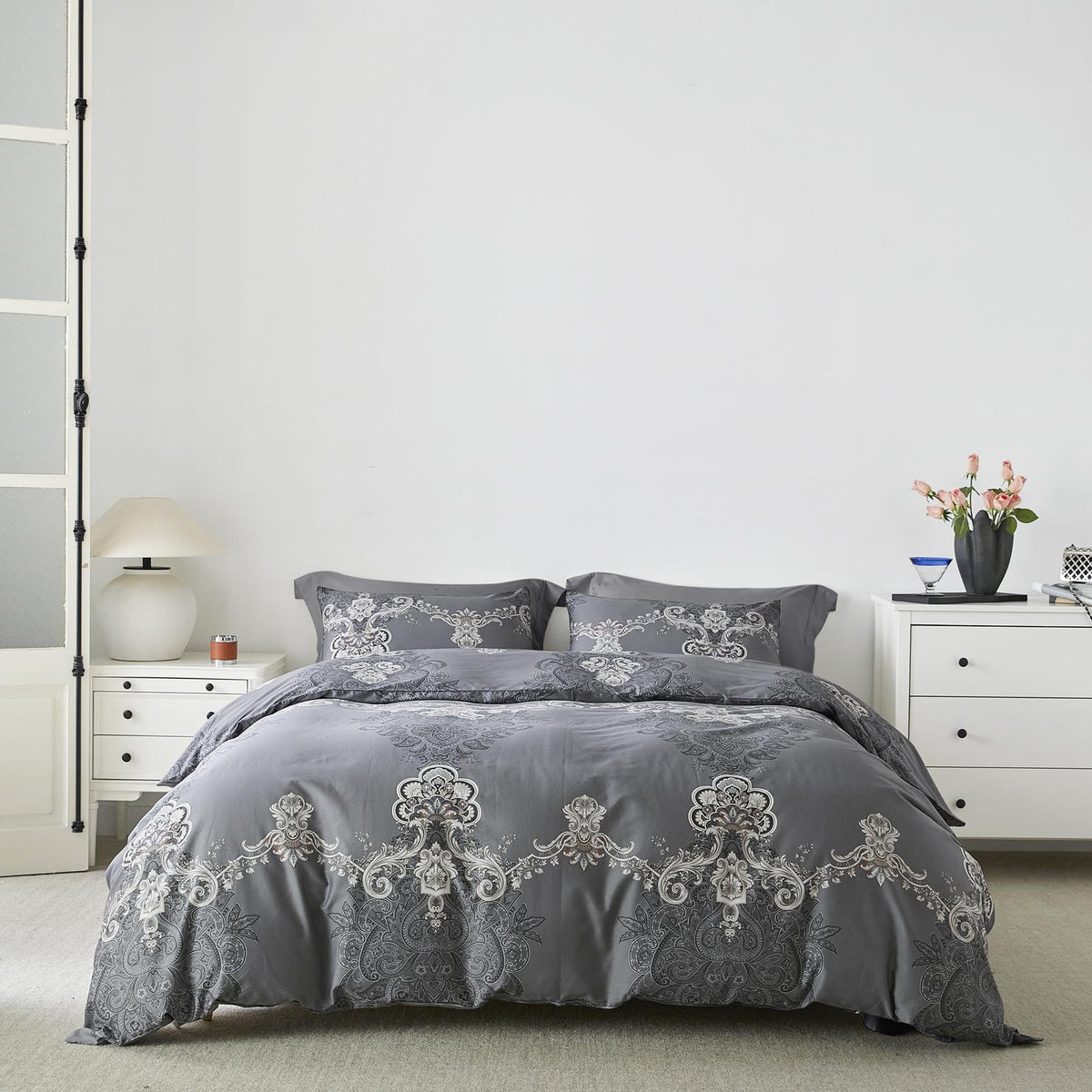 Grey Boho Damask Duvet Cover King 100% Egyptian Cotton 3 Pcs Set