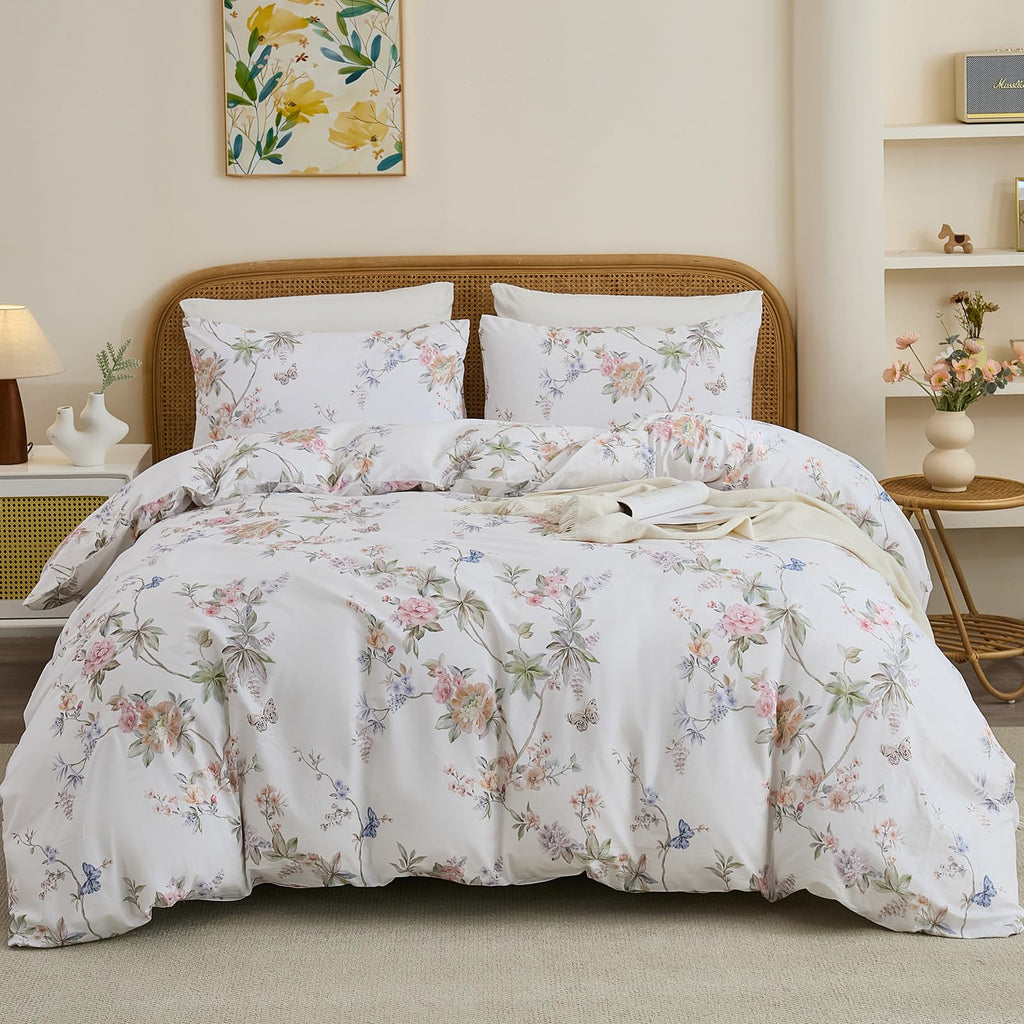 100% Cotton Duvet Cover Queen Size - Elegant French Romantic Floral Duvet Cover Set with Zipper Closure, 3-Piece Soft