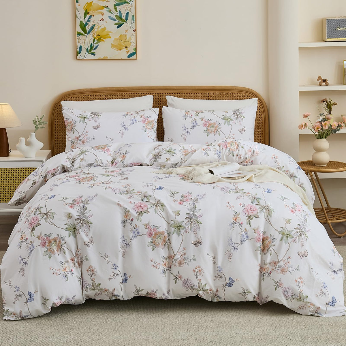 100% Cotton Duvet Cover Queen Size - Elegant French Romantic Floral Duvet Cover Set with Zipper Closure, 3-Piece Soft