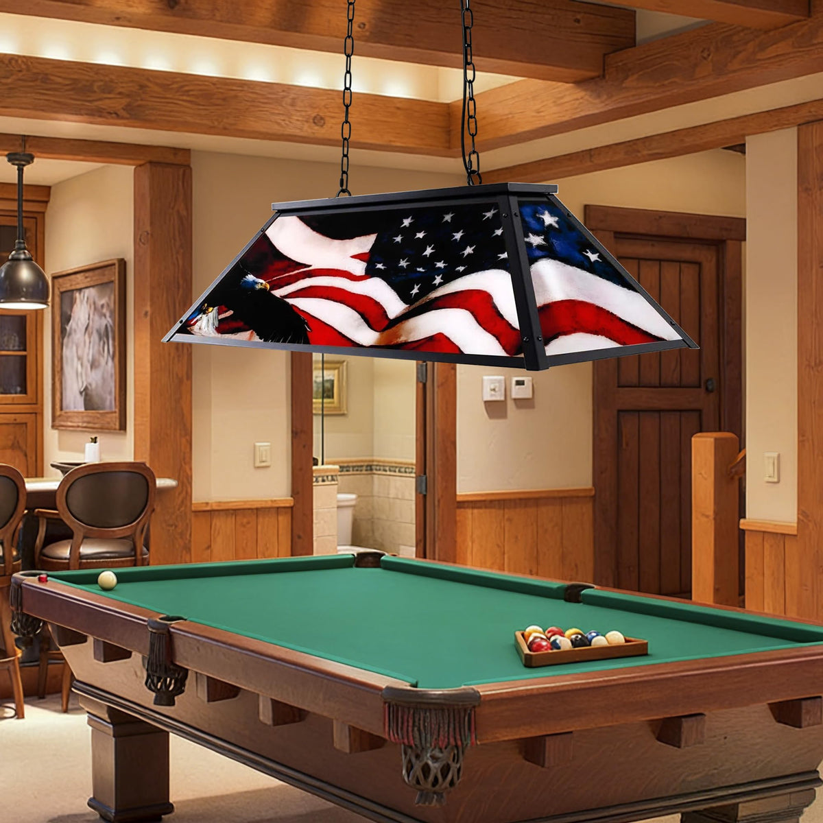 Tiffany Pool Table Lamp, 43'' Billiards Light Fixture for 7'-8' Pool Table Hanging Lamp, with American Flag
