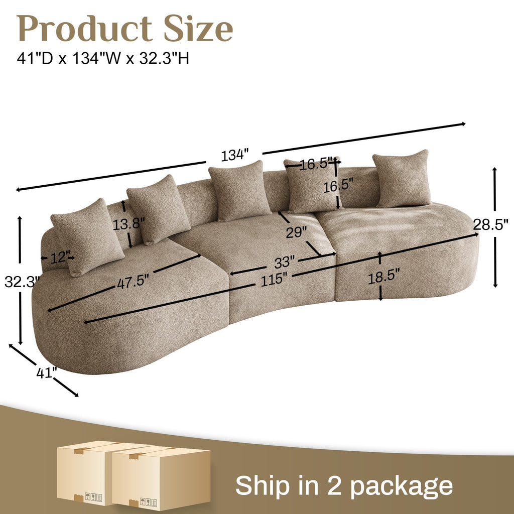 134" Oversized Sectional Sofa, Modern Luxury Plush Chenille 4-Seater Extra Deep & Wide Seat Curved Cloud Couch with